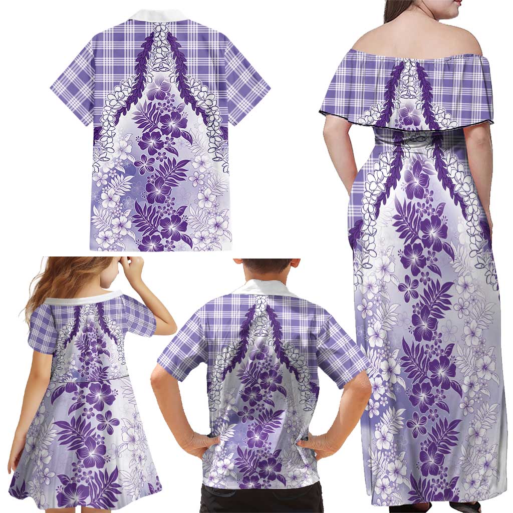 Aloha Hawaii Palaka Family Matching Off Shoulder Maxi Dress and Hawaiian Shirt Purple Plumeria Lei LT05 - Polynesian Pride