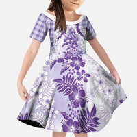 Aloha Hawaii Palaka Family Matching Off Shoulder Short Dress and Hawaiian Shirt Purple Plumeria Lei LT05 Daughter's Dress Purple - Polynesian Pride