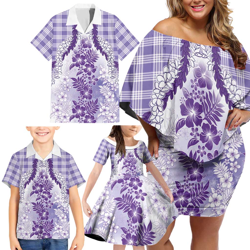 Aloha Hawaii Palaka Family Matching Off Shoulder Short Dress and Hawaiian Shirt Purple Plumeria Lei LT05 - Polynesian Pride
