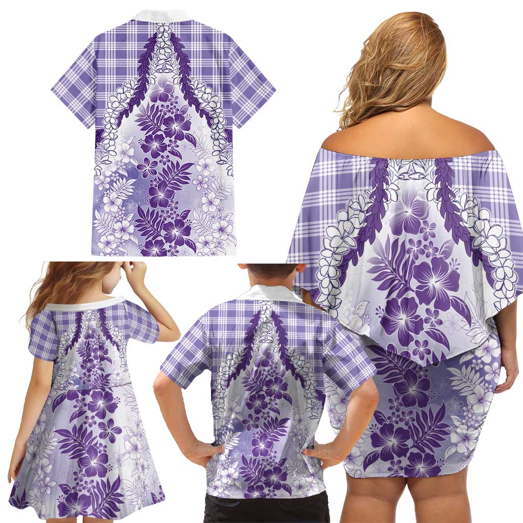 Aloha Hawaii Palaka Family Matching Off Shoulder Short Dress and Hawaiian Shirt Purple Plumeria Lei LT05 - Polynesian Pride
