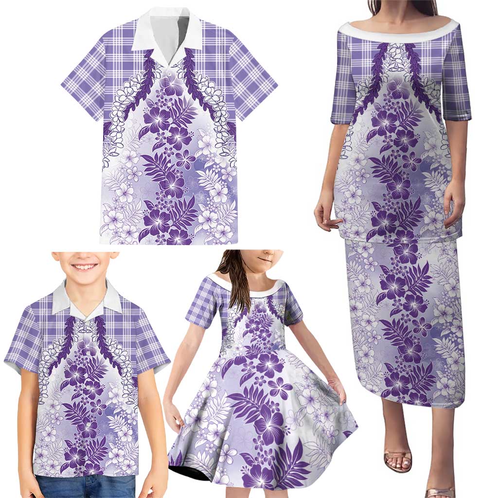 Aloha Hawaii Palaka Family Matching Puletasi and Hawaiian Shirt Purple Plumeria Lei - Polynesian Pride