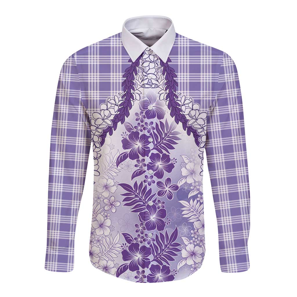 Aloha Hawaii Palaka Long Sleeve Button Shirt Purple Plumeria Lei - Polynesian Pride