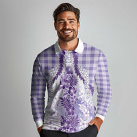 Aloha Hawaii Palaka Long Sleeve Polo Shirt Purple Plumeria Lei - Polynesian Pride