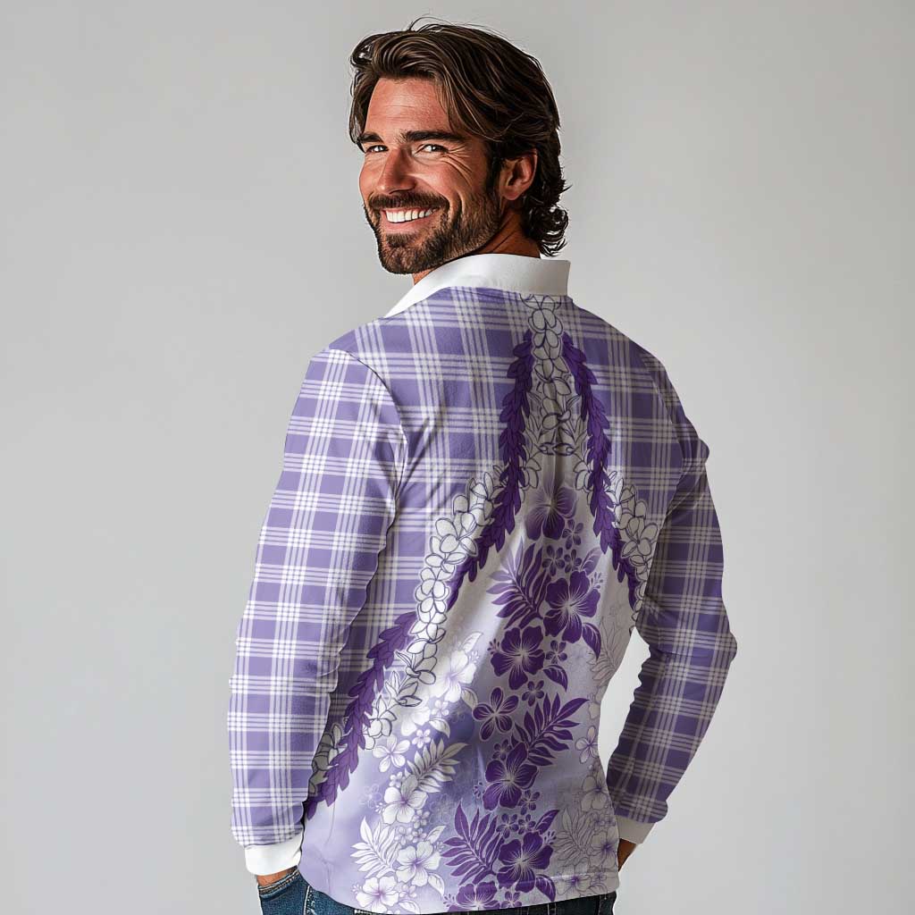 Aloha Hawaii Palaka Long Sleeve Polo Shirt Purple Plumeria Lei - Polynesian Pride