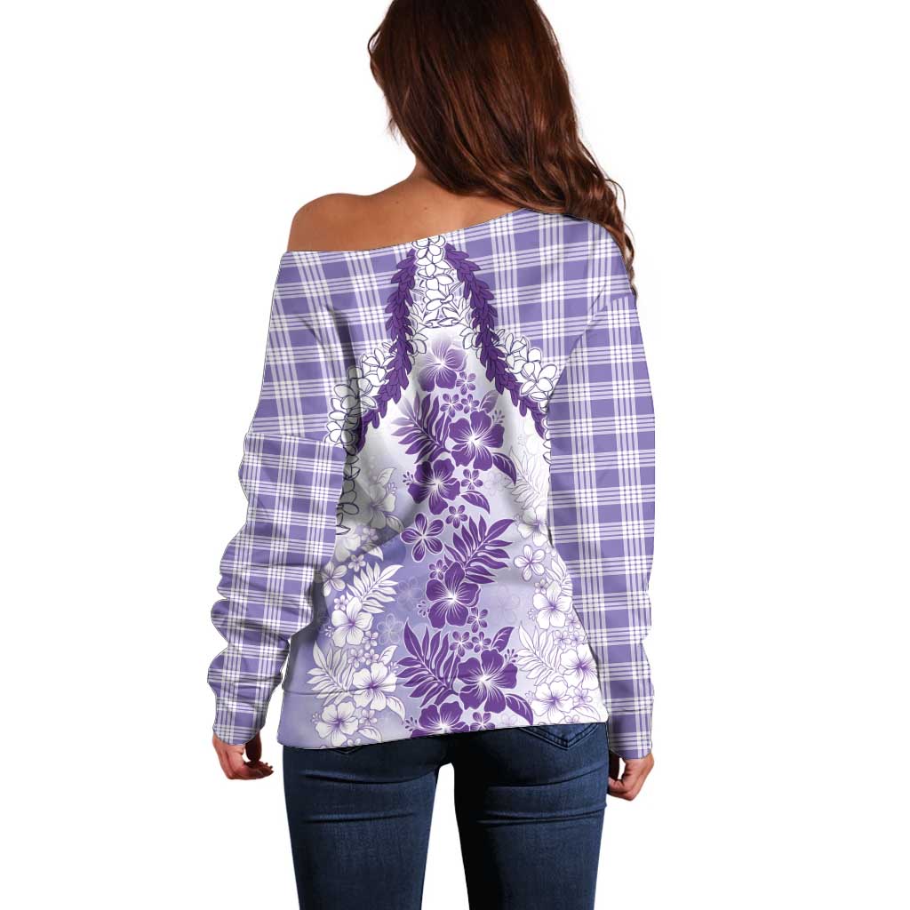 Aloha Hawaii Palaka Off Shoulder Sweater Purple Plumeria Lei - Polynesian Pride