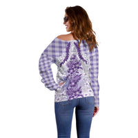 Aloha Hawaii Palaka Off Shoulder Sweater Purple Plumeria Lei - Polynesian Pride