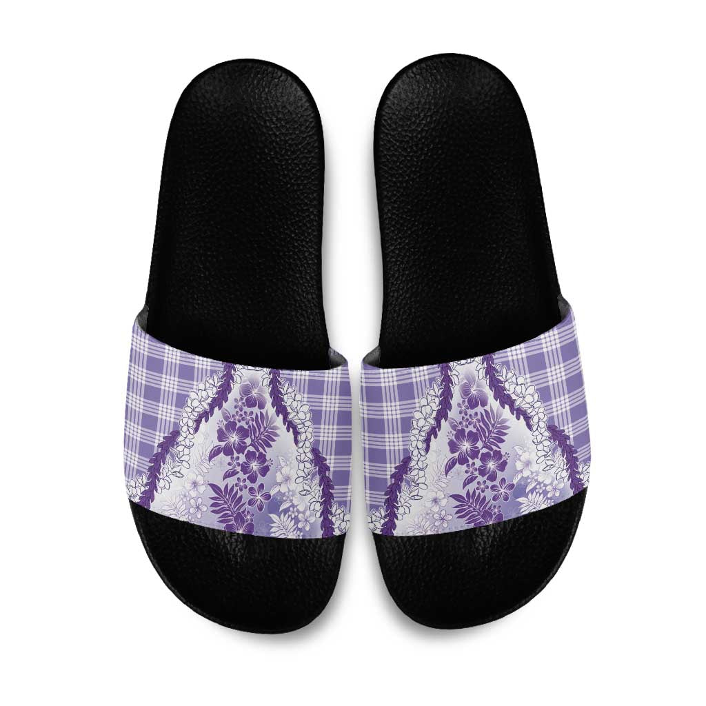 Aloha Hawaii Palaka Slide Sandals Purple Plumeria Lei - Polynesian Pride