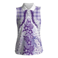 Aloha Hawaii Palaka Women Sleeveless Polo Shirt Purple Plumeria Lei - Polynesian Pride
