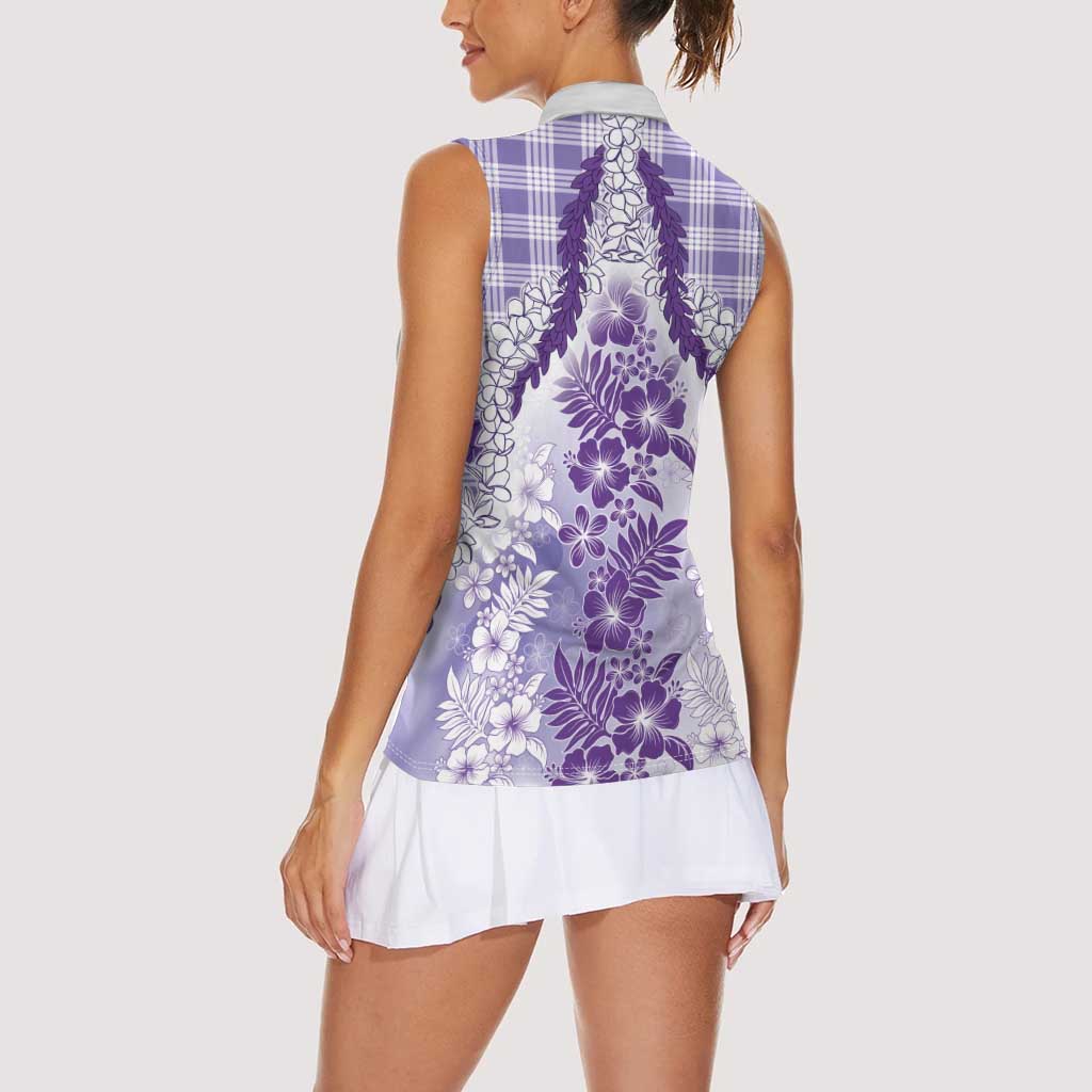 Aloha Hawaii Palaka Women Sleeveless Polo Shirt Purple Plumeria Lei - Polynesian Pride