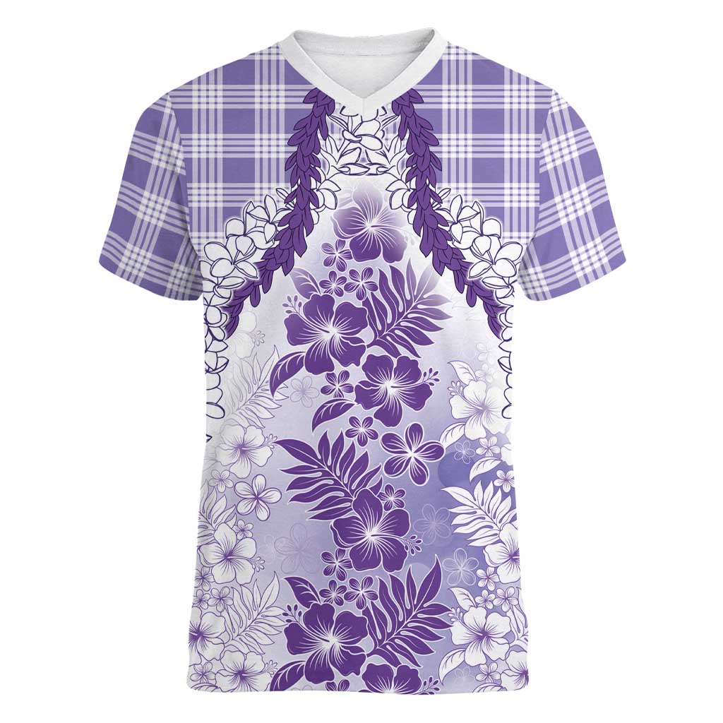 Aloha Hawaii Palaka Women V-Neck T-Shirt Purple Plumeria Lei - Polynesian Pride