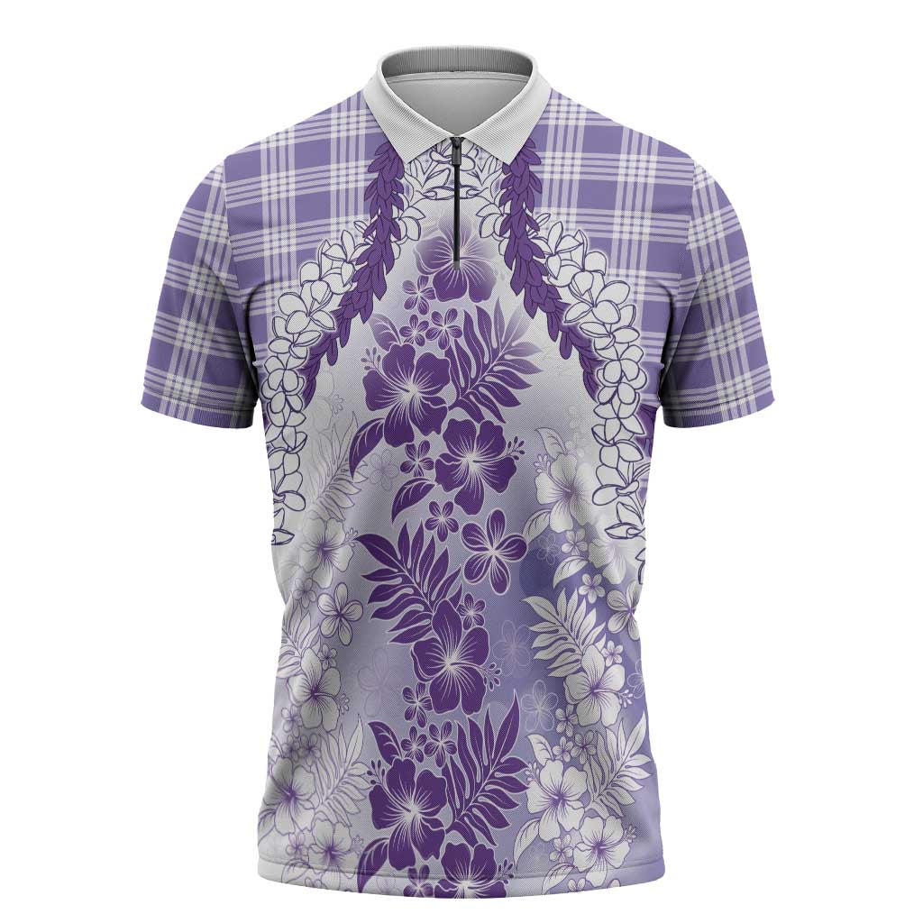 Aloha Hawaii Palaka Zipper Polo Shirt Purple Plumeria Lei - Polynesian Pride