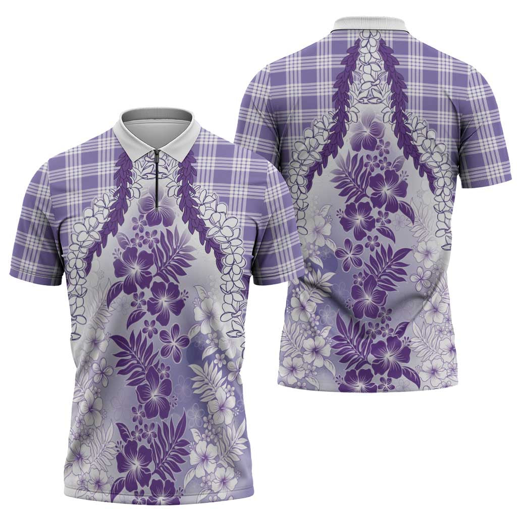 Aloha Hawaii Palaka Zipper Polo Shirt Purple Plumeria Lei - Polynesian Pride