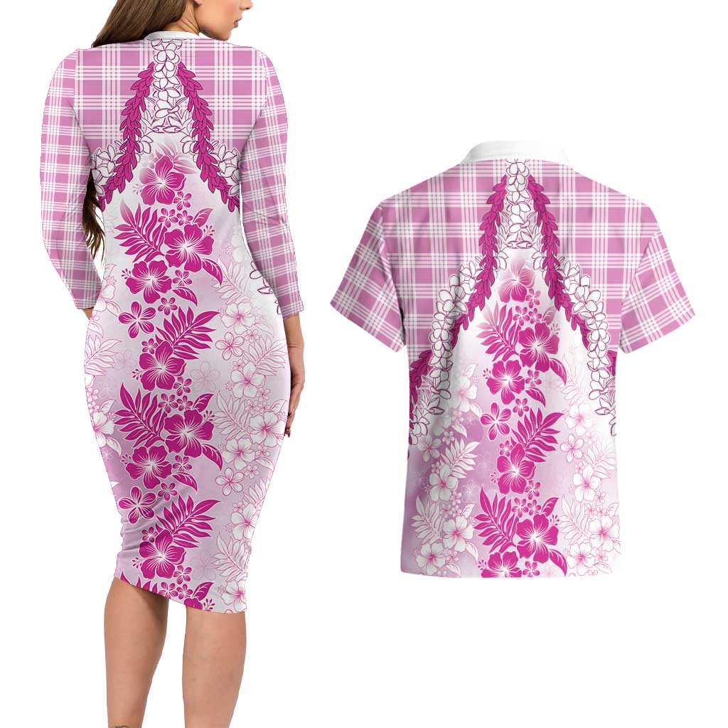 Aloha Hawaii Palaka Couples Matching Long Sleeve Bodycon Dress and Hawaiian Shirt Pink Plumeria Lei LT05 - Polynesian Pride