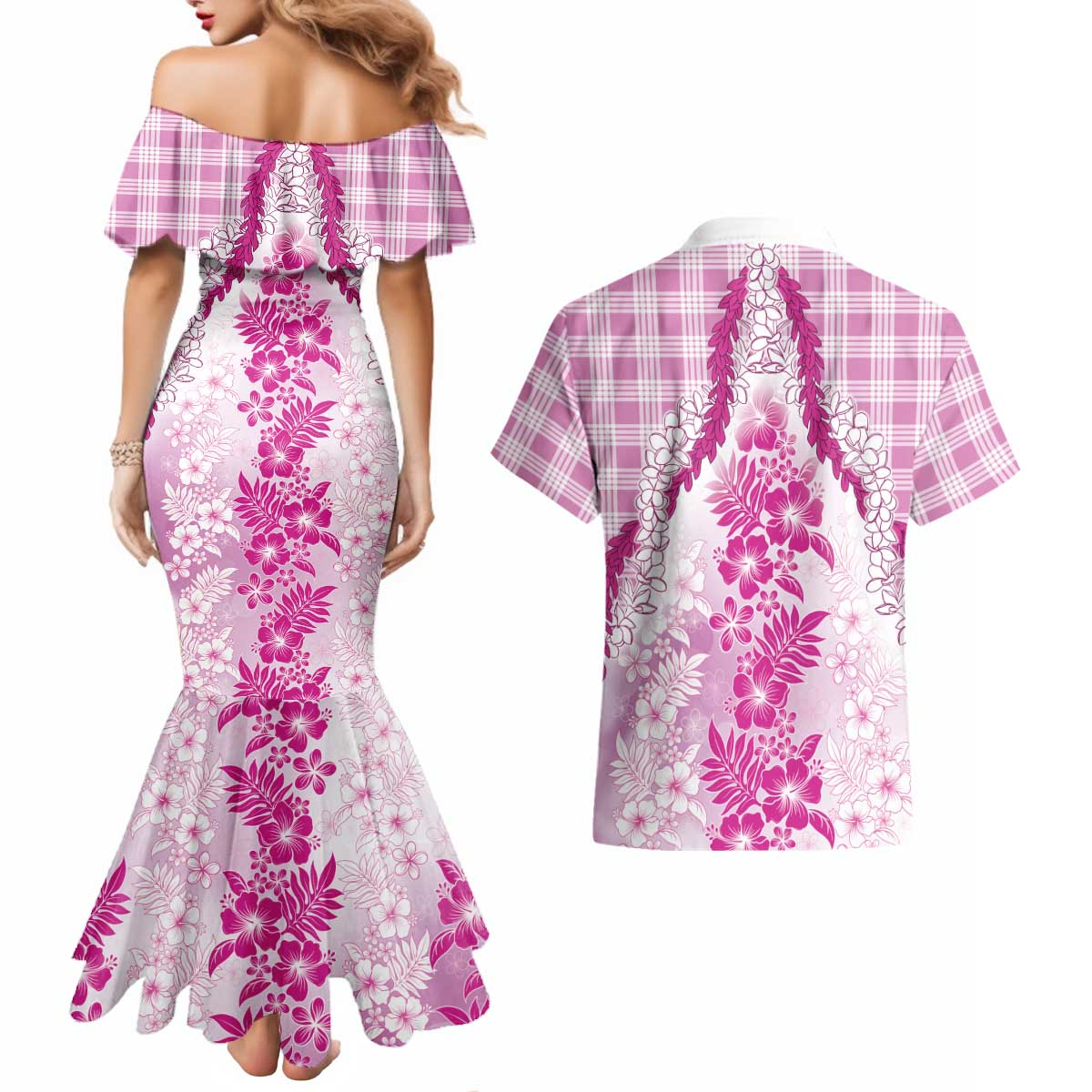 Aloha Hawaii Palaka Couples Matching Mermaid Dress and Hawaiian Shirt Pink Plumeria Lei - Polynesian Pride