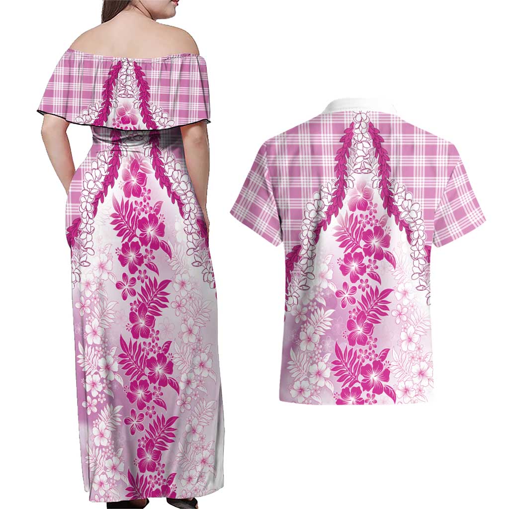Aloha Hawaii Palaka Couples Matching Off Shoulder Maxi Dress and Hawaiian Shirt Pink Plumeria Lei - Polynesian Pride