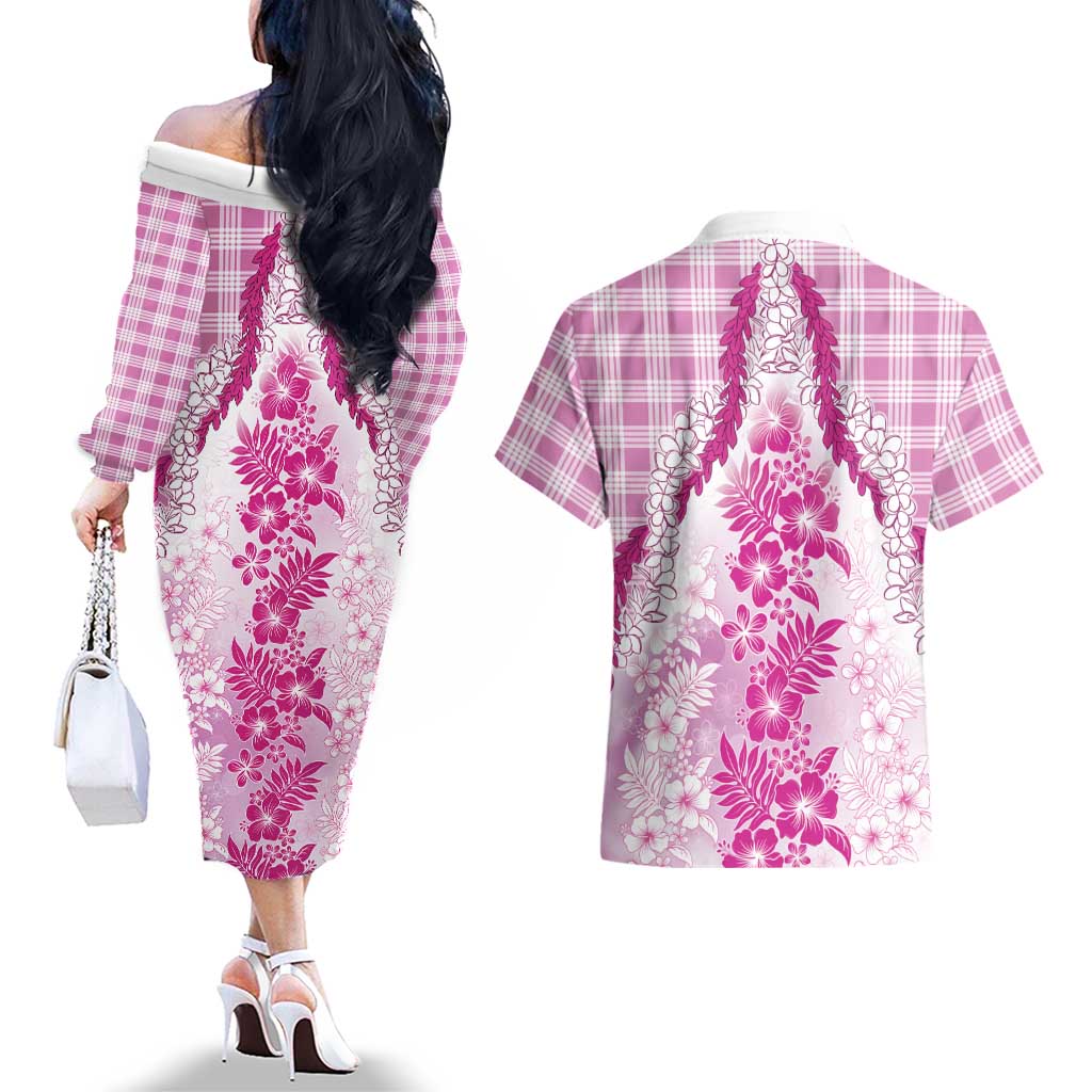 Aloha Hawaii Palaka Couples Matching Off The Shoulder Long Sleeve Dress and Hawaiian Shirt Pink Plumeria Lei LT05 - Polynesian Pride