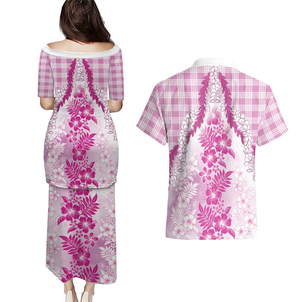 Aloha Hawaii Palaka Couples Matching Puletasi and Hawaiian Shirt Pink Plumeria Lei - Polynesian Pride
