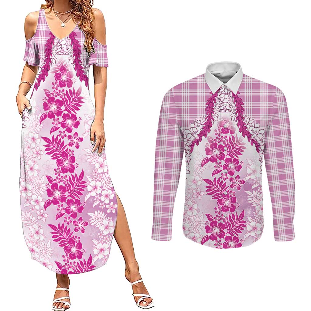 Aloha Hawaii Palaka Couples Matching Summer Maxi Dress and Long Sleeve Button Shirt Pink Plumeria Lei - Polynesian Pride