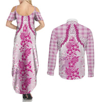 Aloha Hawaii Palaka Couples Matching Summer Maxi Dress and Long Sleeve Button Shirt Pink Plumeria Lei - Polynesian Pride