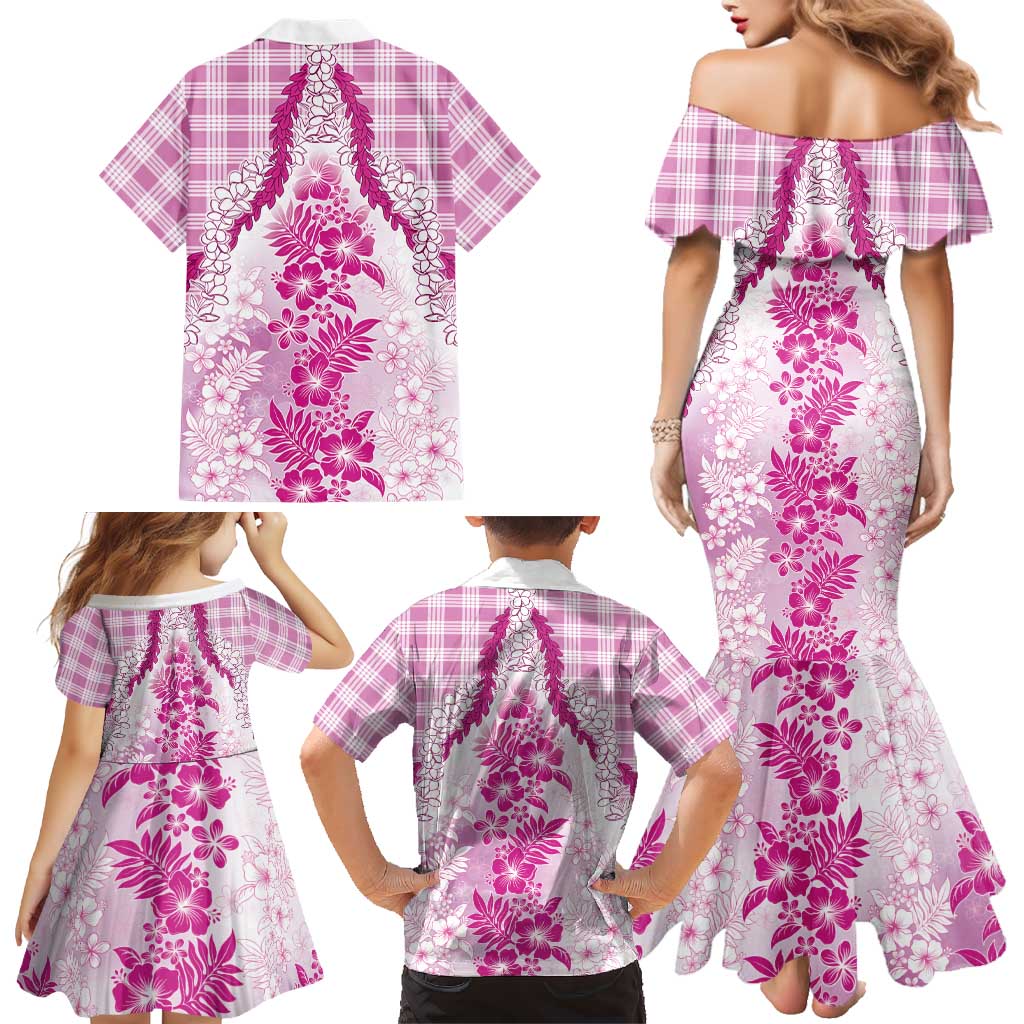 Aloha Hawaii Palaka Family Matching Mermaid Dress and Hawaiian Shirt Pink Plumeria Lei LT05 - Polynesian Pride