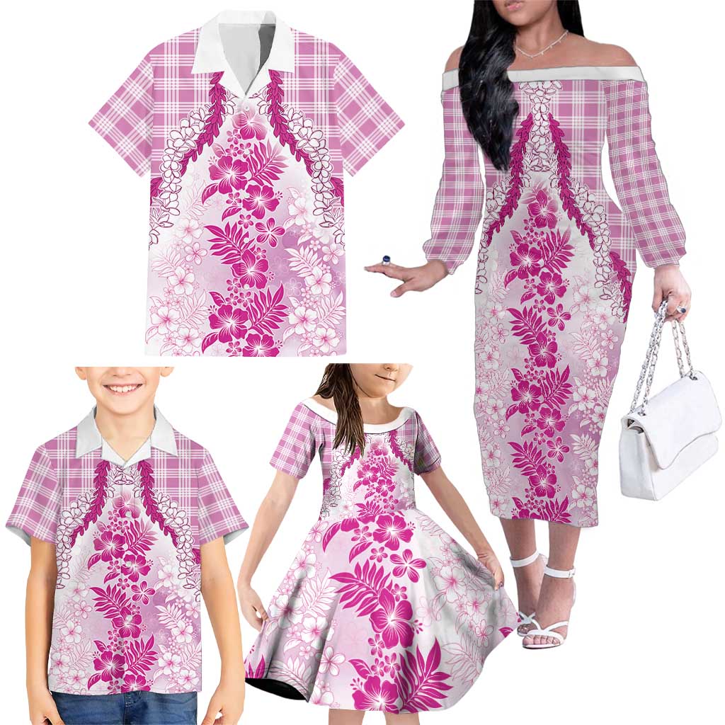 Aloha Hawaii Palaka Family Matching Off The Shoulder Long Sleeve Dress and Hawaiian Shirt Pink Plumeria Lei LT05 - Polynesian Pride