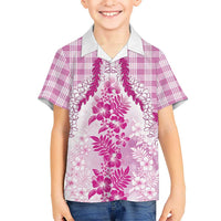 Aloha Hawaii Palaka Family Matching Off The Shoulder Long Sleeve Dress and Hawaiian Shirt Pink Plumeria Lei LT05 Son's Shirt Pink - Polynesian Pride