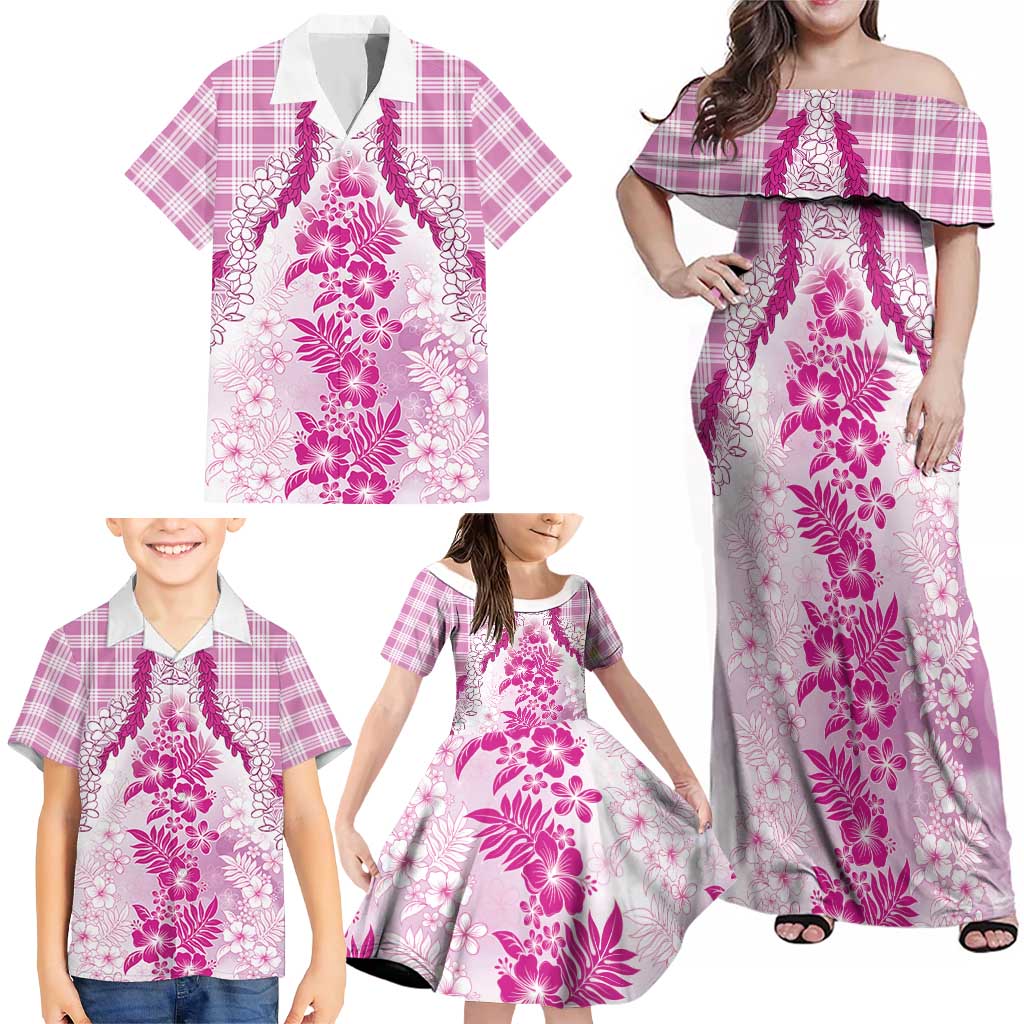Aloha Hawaii Palaka Family Matching Off Shoulder Maxi Dress and Hawaiian Shirt Pink Plumeria Lei LT05 - Polynesian Pride