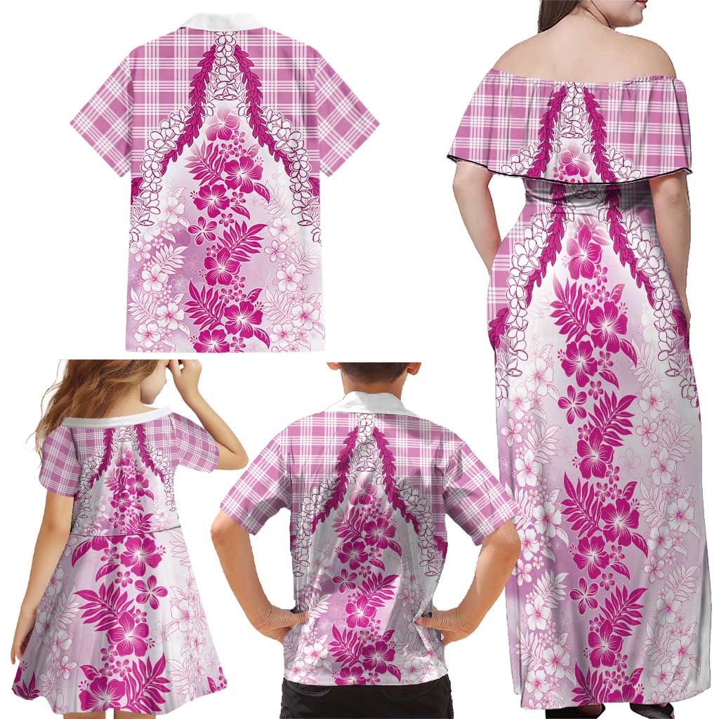 Aloha Hawaii Palaka Family Matching Off Shoulder Maxi Dress and Hawaiian Shirt Pink Plumeria Lei LT05 - Polynesian Pride