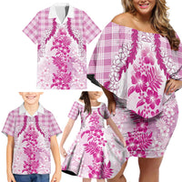 Aloha Hawaii Palaka Family Matching Off Shoulder Short Dress and Hawaiian Shirt Pink Plumeria Lei LT05 - Polynesian Pride