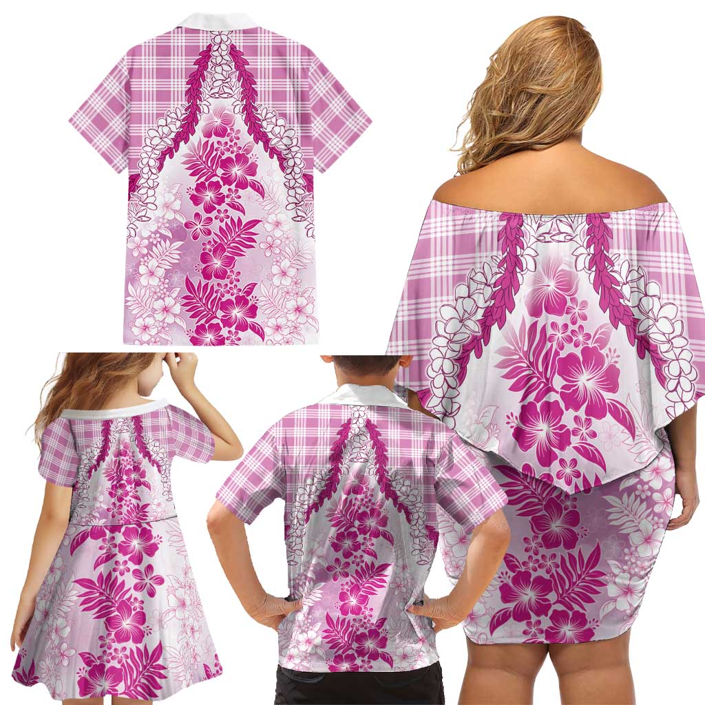 Aloha Hawaii Palaka Family Matching Off Shoulder Short Dress and Hawaiian Shirt Pink Plumeria Lei LT05 - Polynesian Pride
