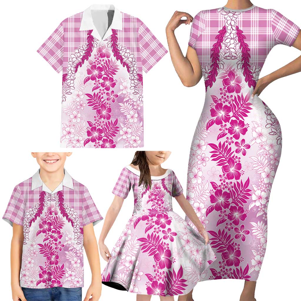 Aloha Hawaii Palaka Family Matching Short Sleeve Bodycon Dress and Hawaiian Shirt Pink Plumeria Lei LT05 - Polynesian Pride