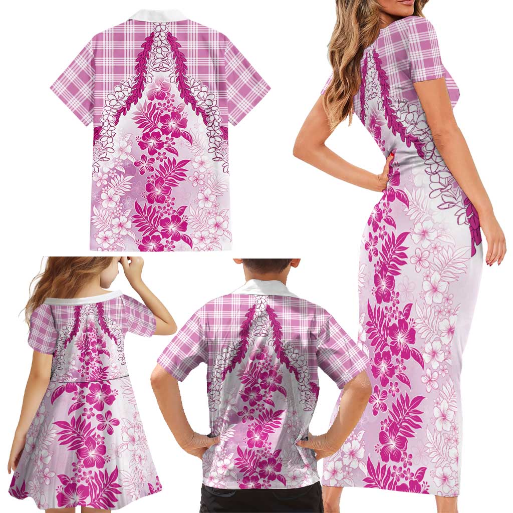 Aloha Hawaii Palaka Family Matching Short Sleeve Bodycon Dress and Hawaiian Shirt Pink Plumeria Lei LT05 - Polynesian Pride