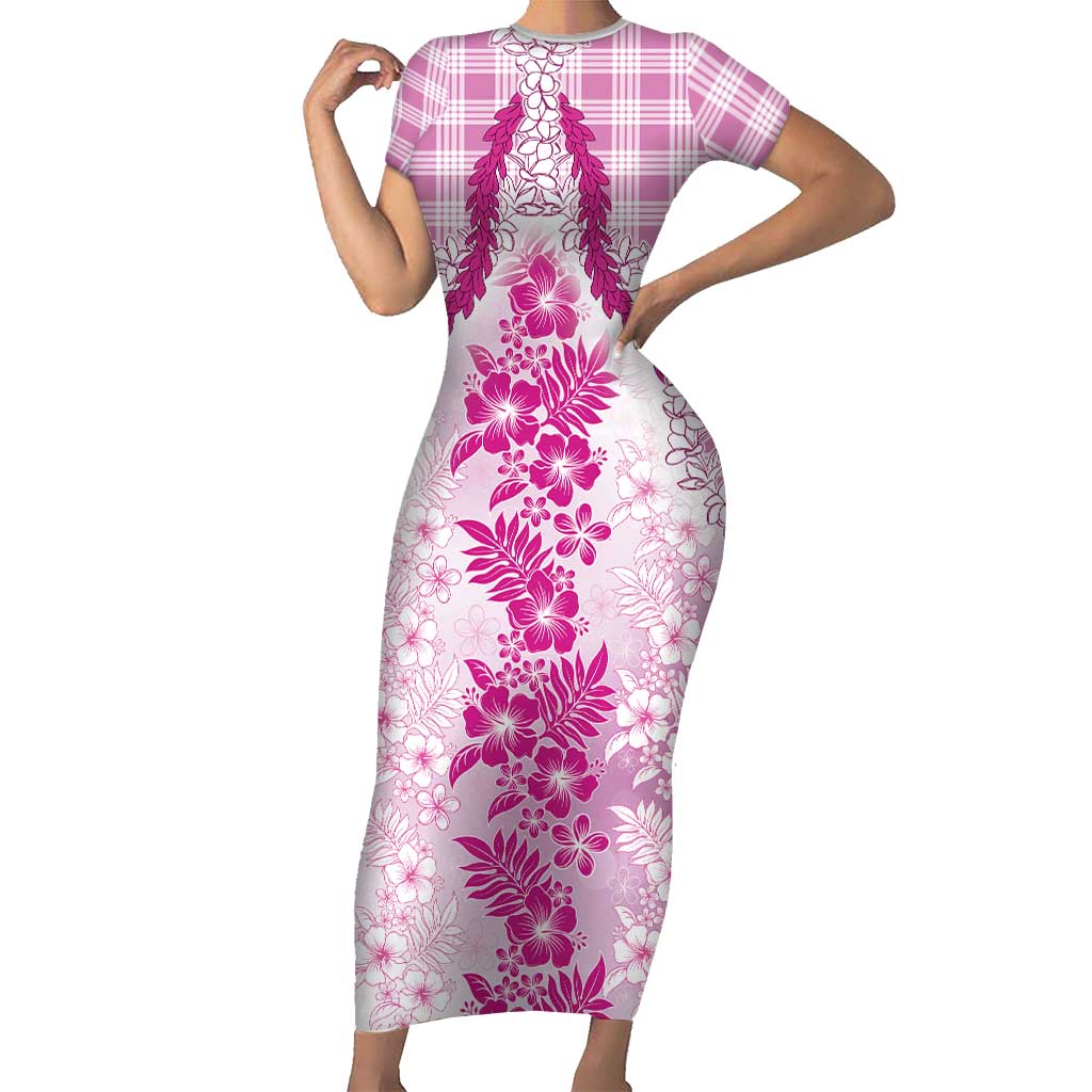 Aloha Hawaii Palaka Family Matching Short Sleeve Bodycon Dress and Hawaiian Shirt Pink Plumeria Lei LT05 Mom's Dress Pink - Polynesian Pride