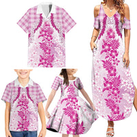 Aloha Hawaii Palaka Family Matching Summer Maxi Dress and Hawaiian Shirt Pink Plumeria Lei LT05 - Polynesian Pride