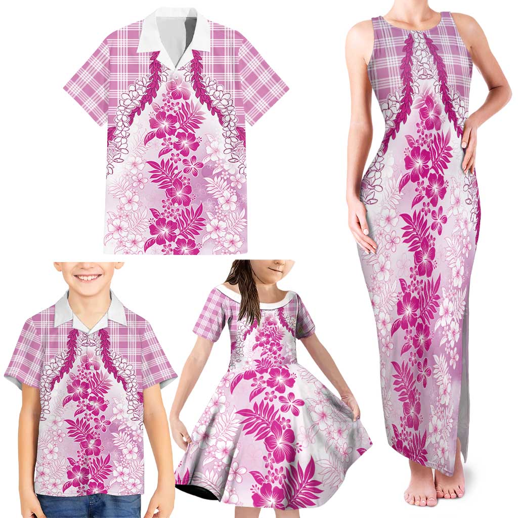 Aloha Hawaii Palaka Family Matching Tank Maxi Dress and Hawaiian Shirt Pink Plumeria Lei LT05 - Polynesian Pride