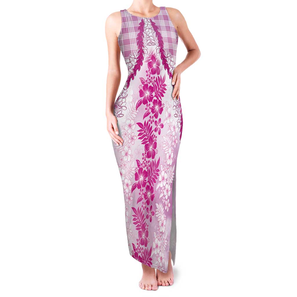 Aloha Hawaii Palaka Family Matching Tank Maxi Dress and Hawaiian Shirt Pink Plumeria Lei LT05 Mom's Dress Pink - Polynesian Pride