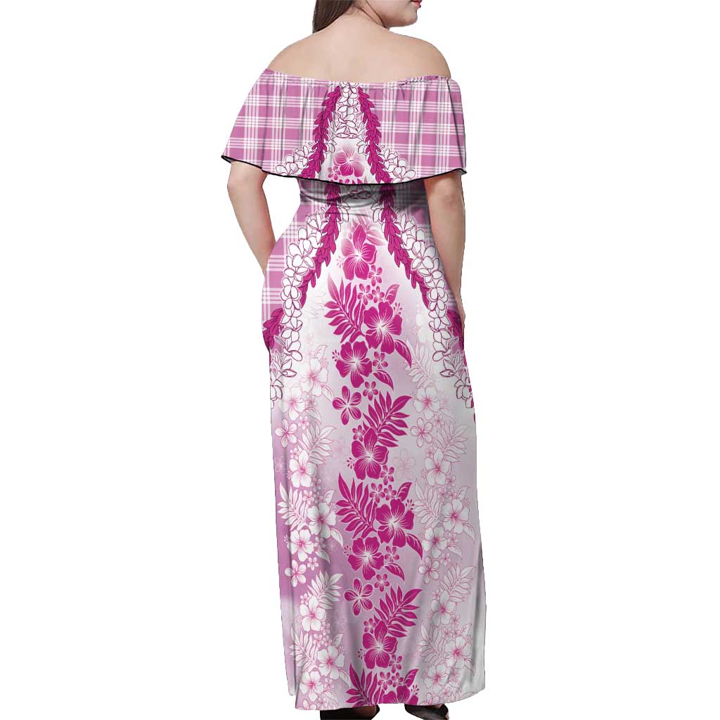 Aloha Hawaii Palaka Off Shoulder Maxi Dress Pink Plumeria Lei - Polynesian Pride