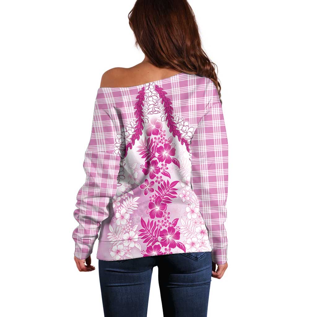 Aloha Hawaii Palaka Off Shoulder Sweater Pink Plumeria Lei - Polynesian Pride