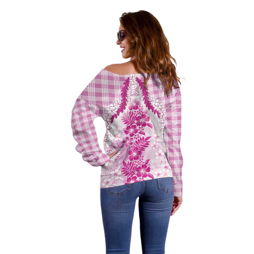 Aloha Hawaii Palaka Off Shoulder Sweater Pink Plumeria Lei - Polynesian Pride