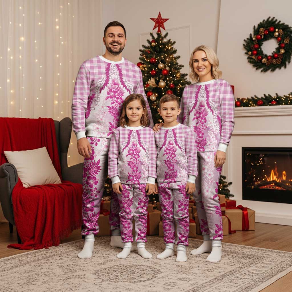 Aloha Hawaii Palaka Christmas Pajama Set Pink Plumeria Lei - Polynesian Pride