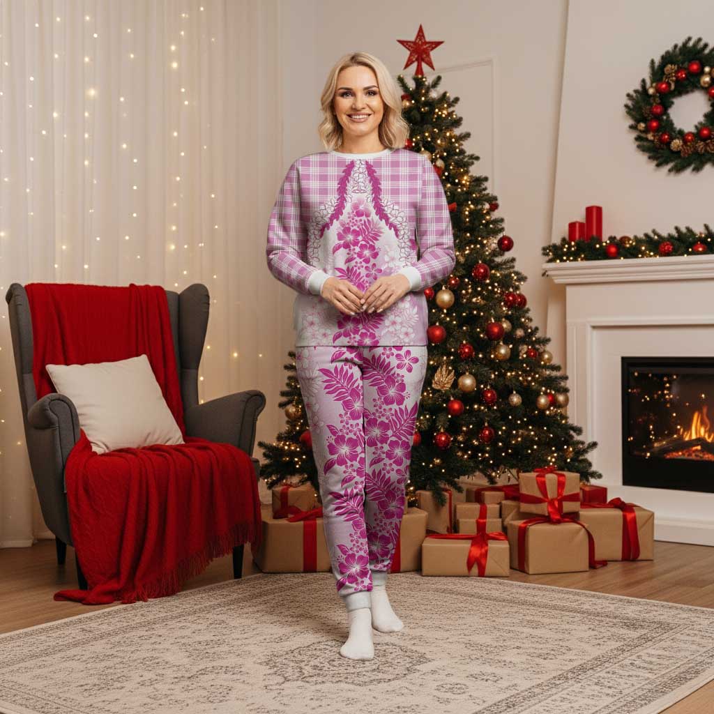 Aloha Hawaii Palaka Christmas Pajama Set Pink Plumeria Lei - Polynesian Pride