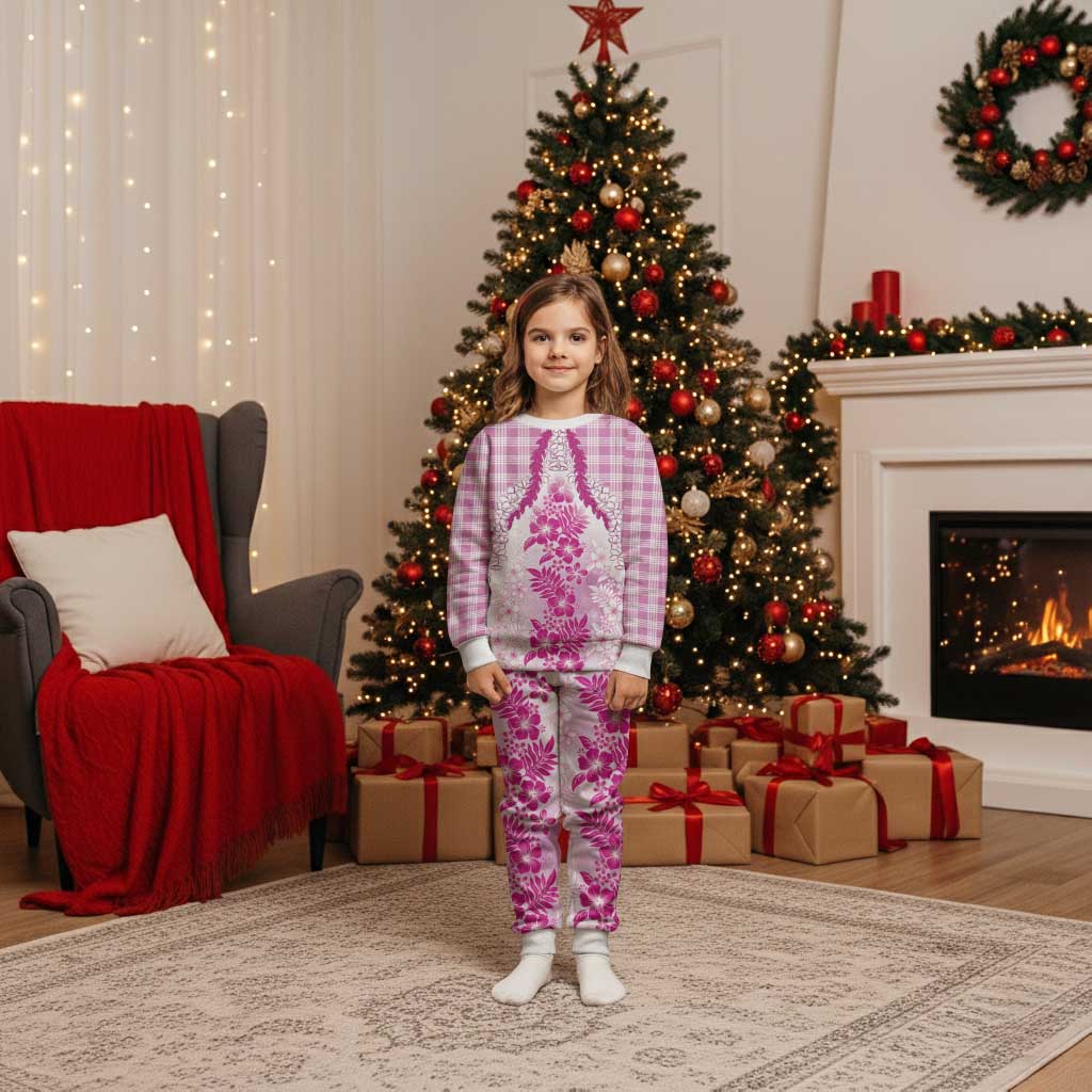 Aloha Hawaii Palaka Christmas Pajama Set Pink Plumeria Lei - Polynesian Pride