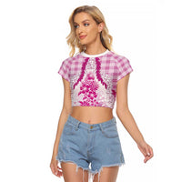Aloha Hawaii Palaka Raglan Cropped T Shirt Pink Plumeria Lei - Polynesian Pride