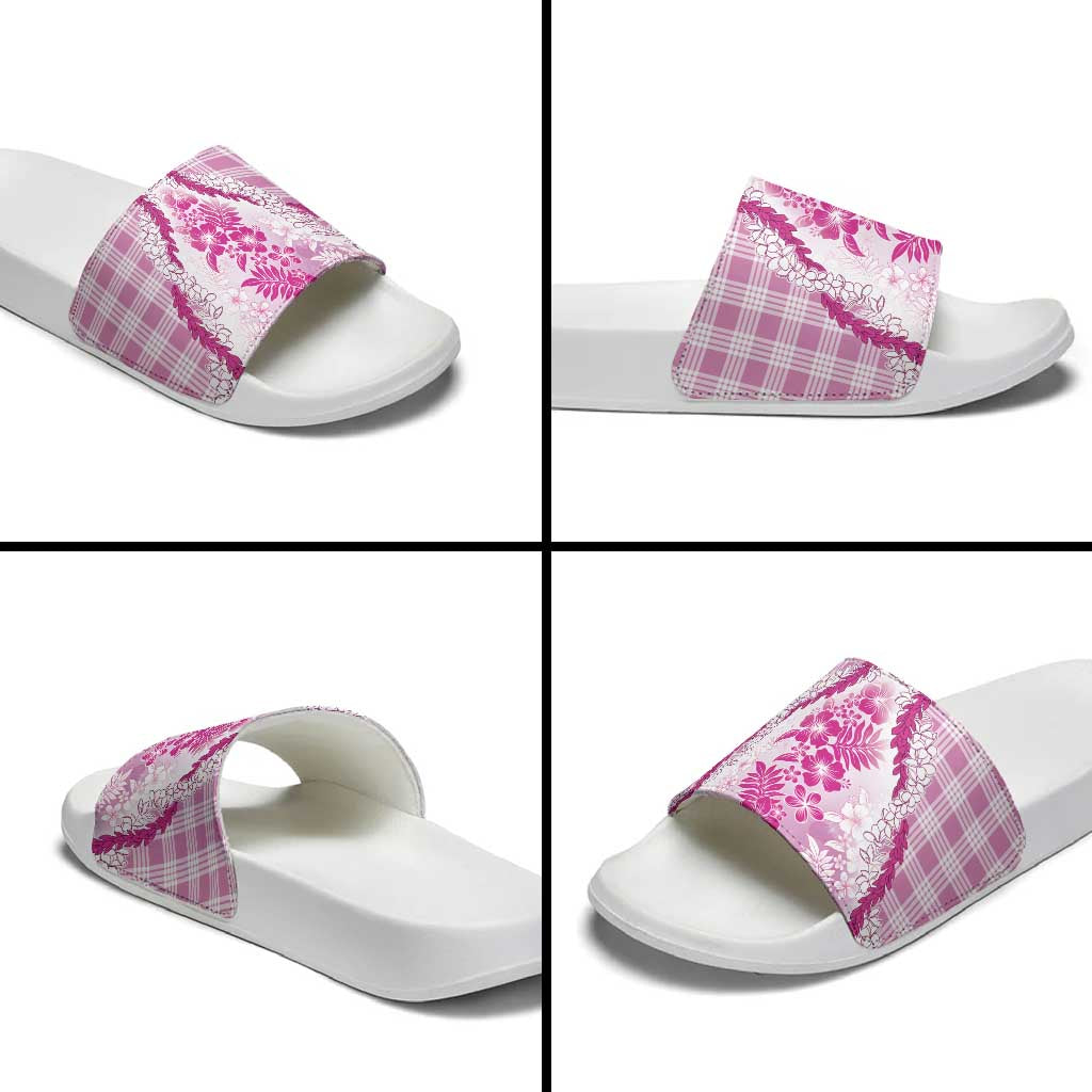 Aloha Hawaii Palaka Slide Sandals Pink Plumeria Lei - Polynesian Pride
