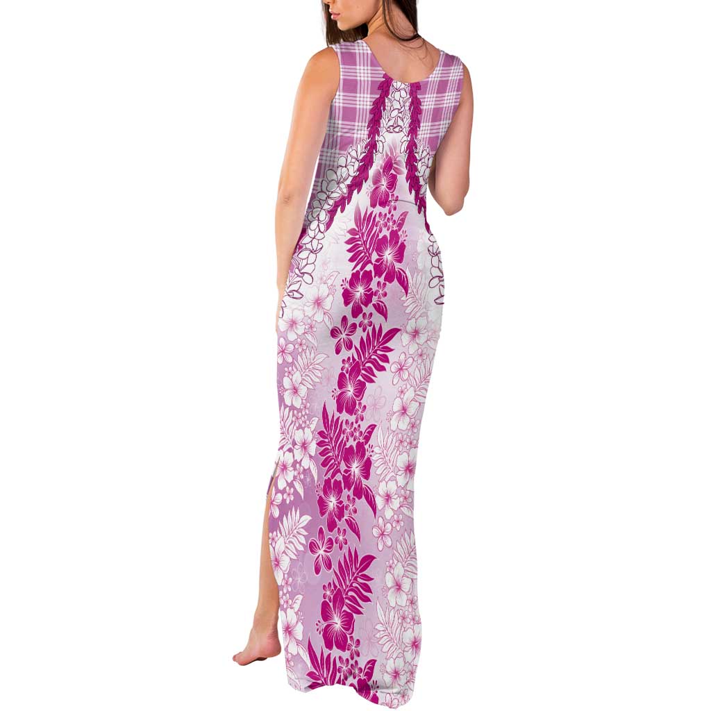 Aloha Hawaii Palaka Tank Maxi Dress Pink Plumeria Lei - Polynesian Pride