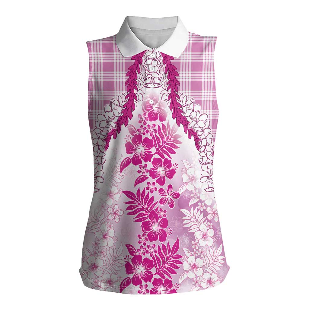 Aloha Hawaii Palaka Women Sleeveless Polo Shirt Pink Plumeria Lei - Polynesian Pride