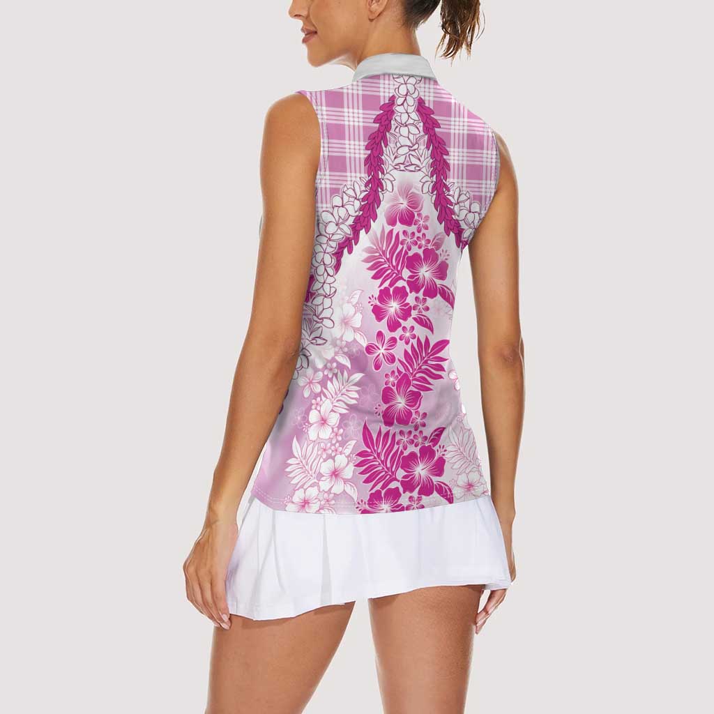 Aloha Hawaii Palaka Women Sleeveless Polo Shirt Pink Plumeria Lei - Polynesian Pride