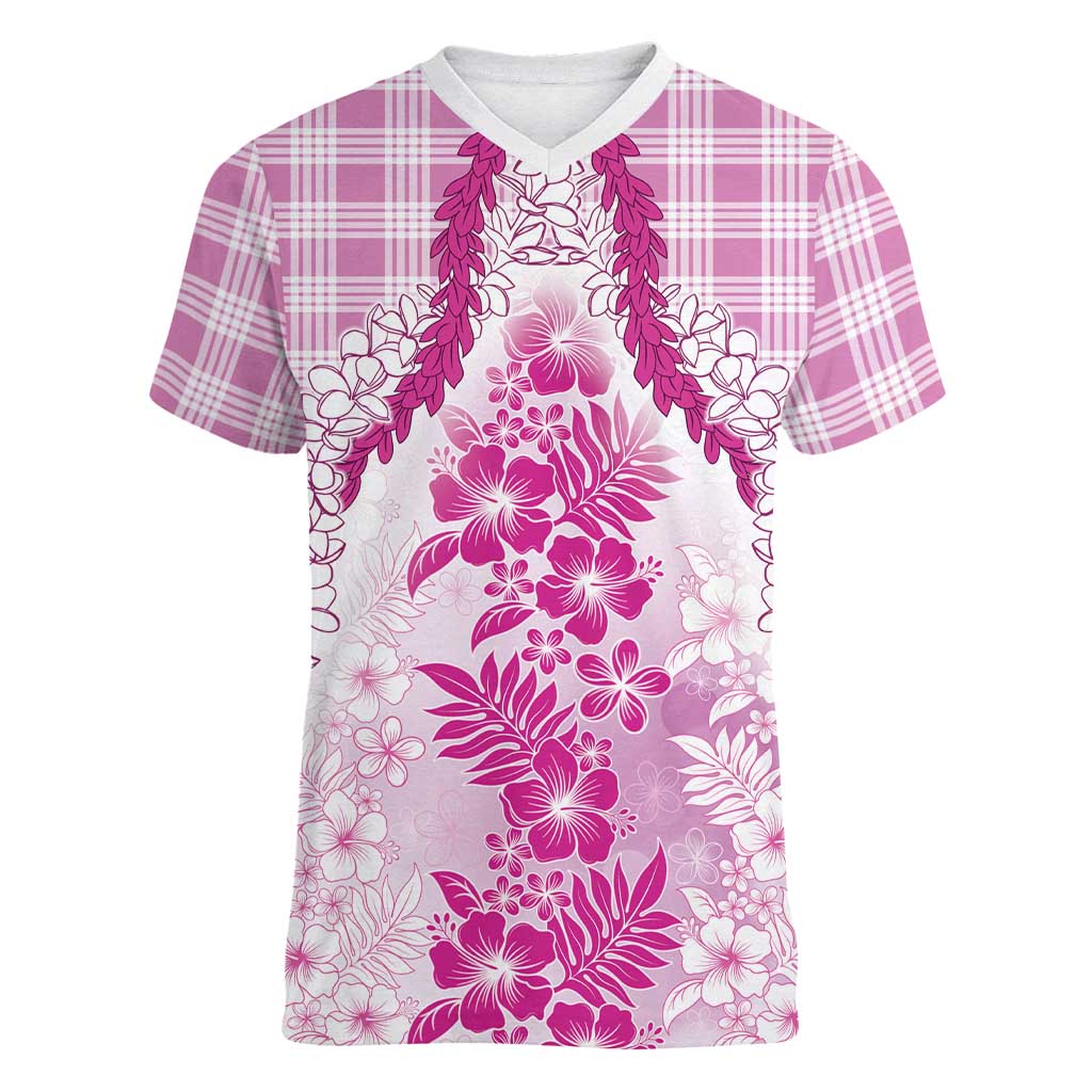 Aloha Hawaii Palaka Women V-Neck T-Shirt Pink Plumeria Lei - Polynesian Pride
