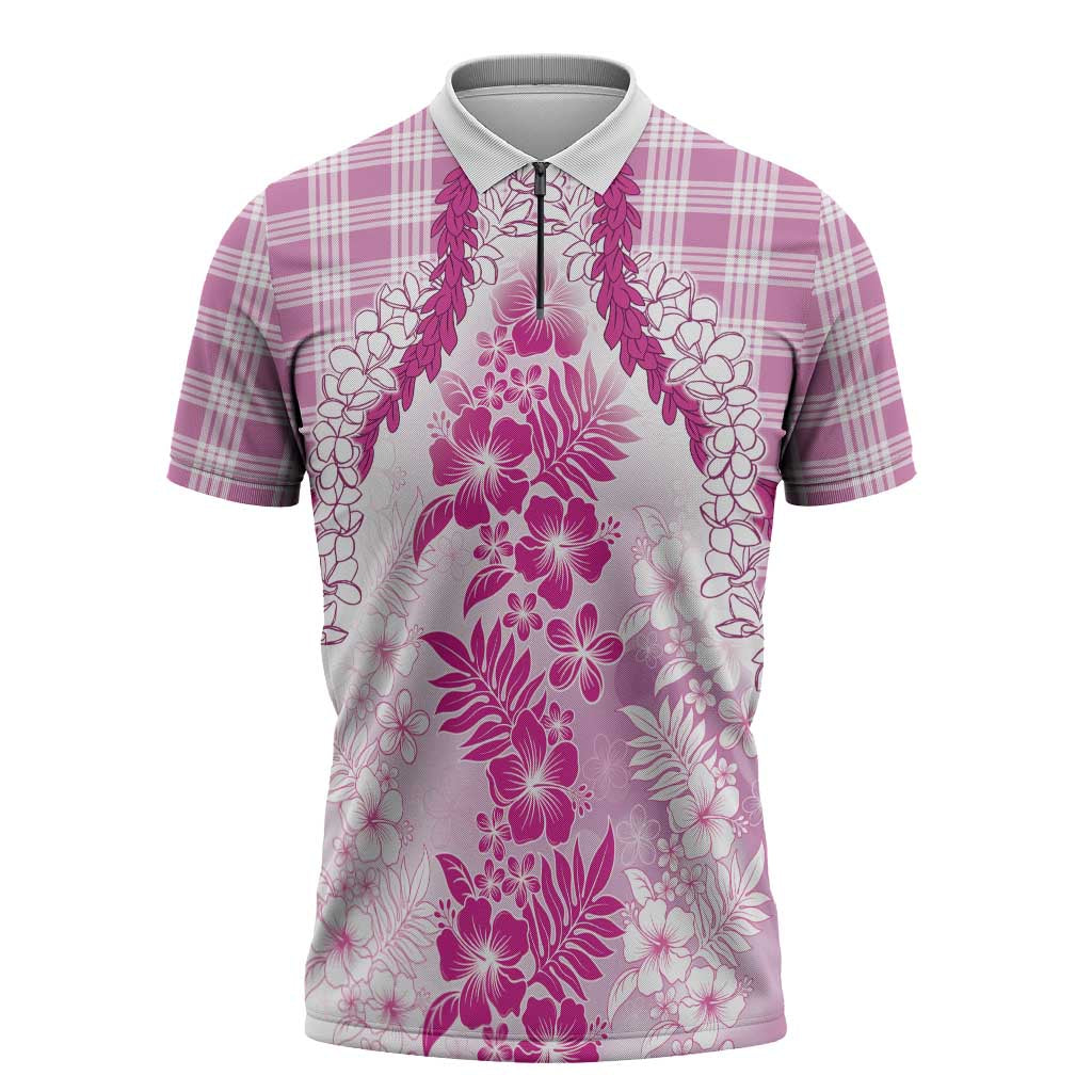 Aloha Hawaii Palaka Zipper Polo Shirt Pink Plumeria Lei - Polynesian Pride