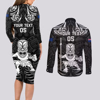 Custom New Zealand Maori Taiaha Couples Matching Long Sleeve Bodycon Dress and Long Sleeve Button Shirt Tiki Warrior Black LT05 - Polynesian Pride